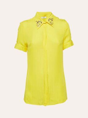 Versace Collection Yellow Silk Short Sleeve Shirt Gold Baroque Collar